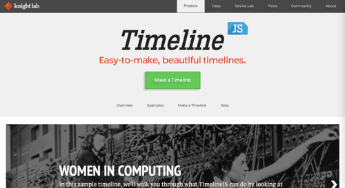 Screenshot of the TimelineJS home page.