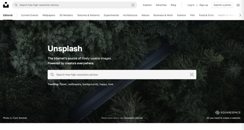 Captura de pantalla de la búsqueda de imágenes de stock de Unsplash.