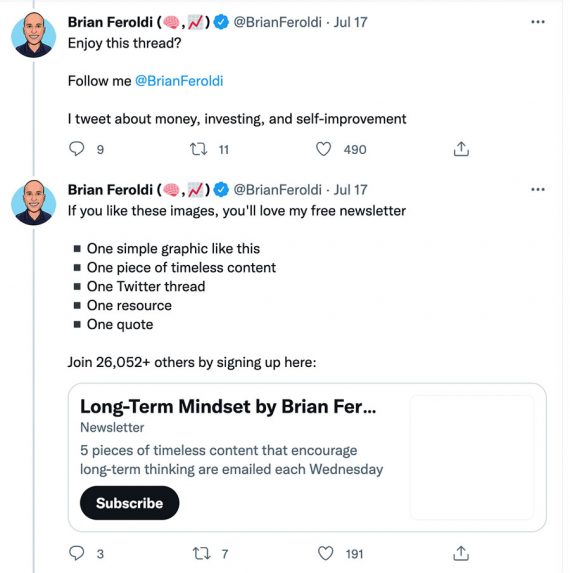 Screenshot of Feroldi's tweet asking readers to follow him on Twitter or subscribe to his newsletter.