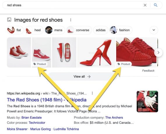 Screenshot of Google search results for red shoes