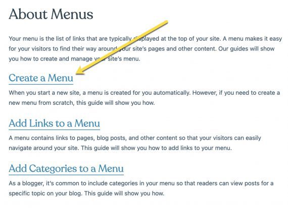 Capture d'écran d'une page Web "À propos des menus" avec des liens vers d'autres pages
