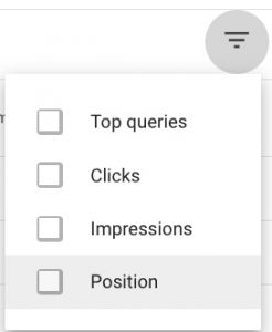 Screenshot from the Performance section of Google Search Console, create a filter.