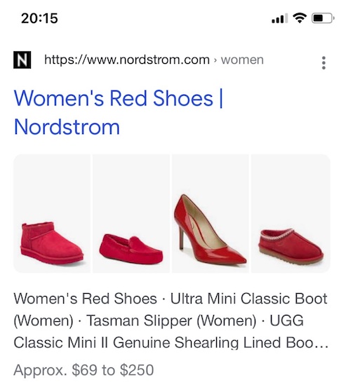 Screenshot of search results for "red shoes"