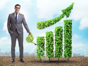 Illustration of a businessman next to a green rising graph