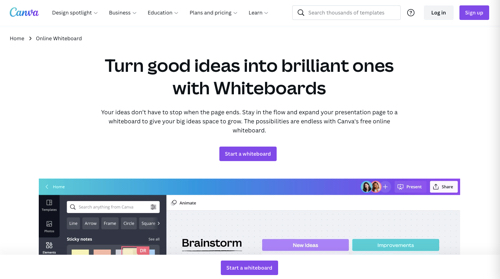 Home page of Canva Whiteboards