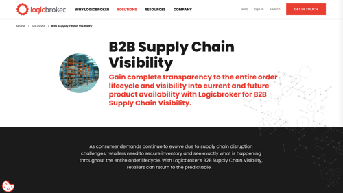 Screenshot of a Logicbroker B2B supply chain visibility web page.