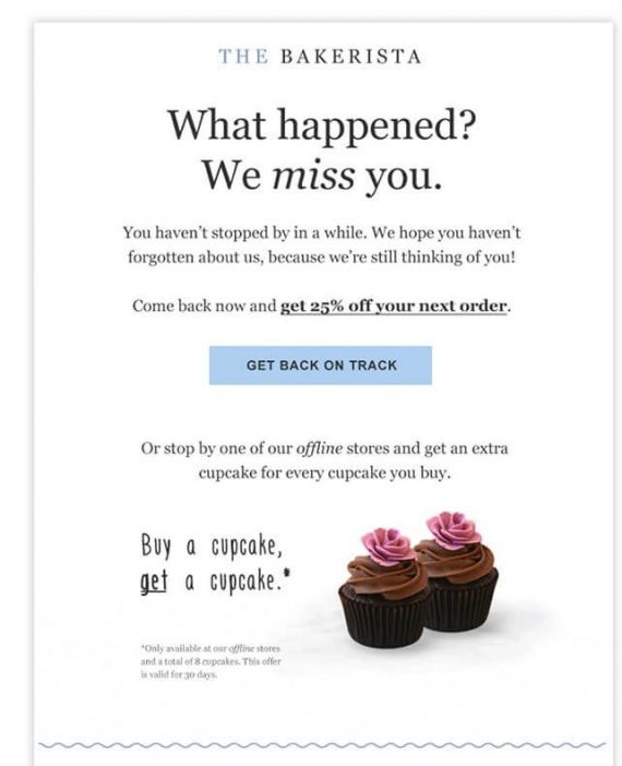 A screenshot of a marketing email from a bakery offering an incentive to visit.