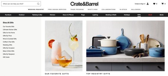 Screenshots of a Crate&Barrel Gift Guide