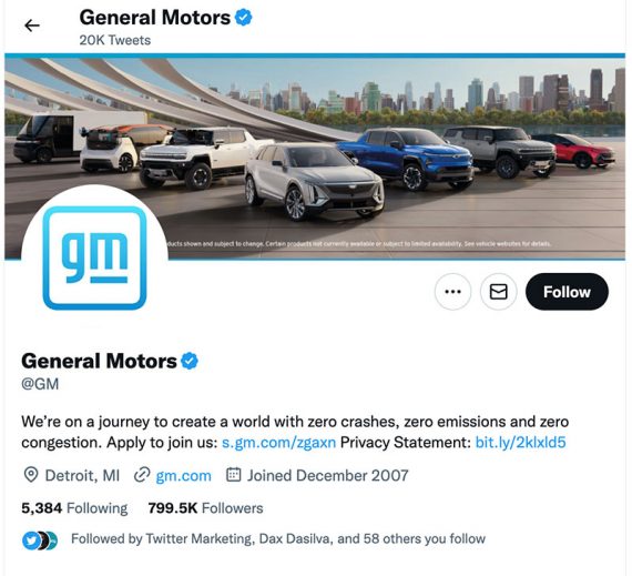 Screenshot of General Motors' Twitter page