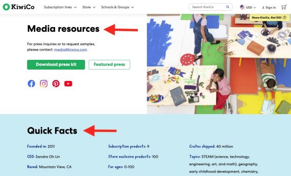 Screenshot of KiwiCo's "Media resources" page