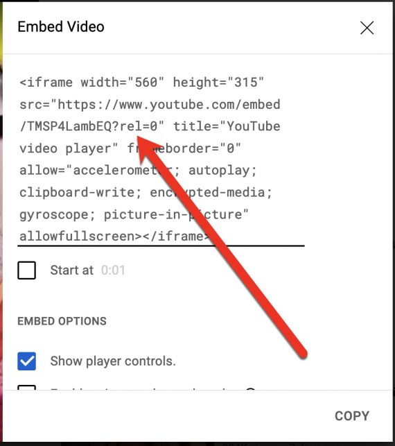 Capture d'écran du code d'intégration YouTube contenant ?rel=0