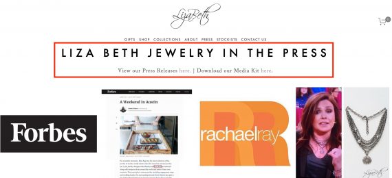 Screenshot of Liza Beth Jewelry's press page