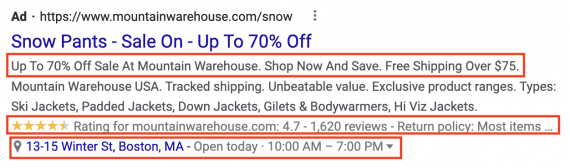 Google Ads assets example for snow pants from Mountain Warehouse