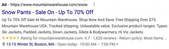 Screenshot of a Google Ad for snow pants