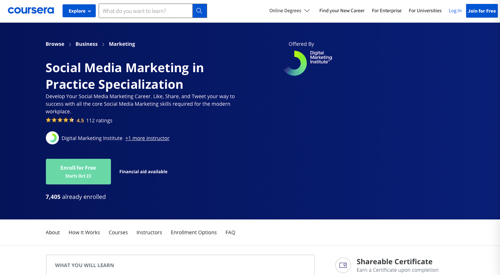 Screenshot of Social Media Marketing in Practice Specialization, available through Coursera.