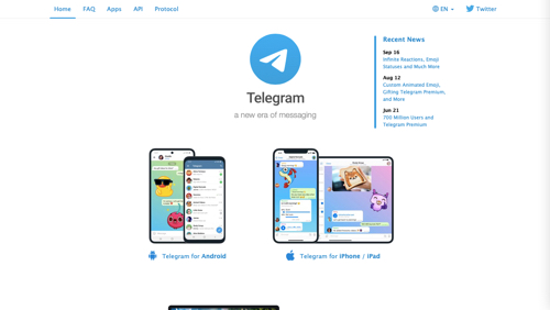 Screenshot of the Telegram homepage.