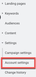 Screenshot of "Account settings" menu in Google Ads
