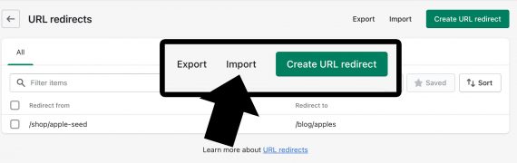 URL redirects page in the Shopify admin with a table of all existing 301 redirects