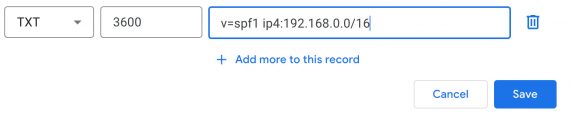 Screenshot of an SPF record in a DNS settings interface