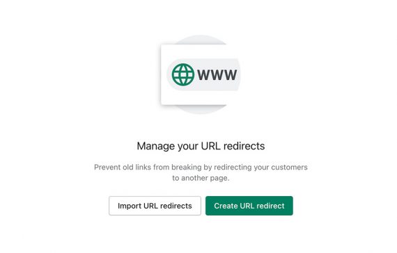 Screenshot of "Manage your URL redirects" in Shopify admin