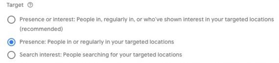Screenshot of "Target" interface in Google Ads