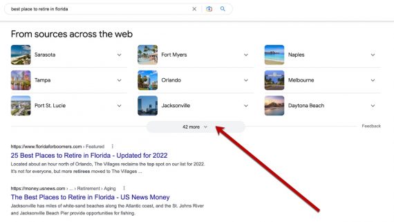 Screenshot of answer box "best places to retire in Florida"