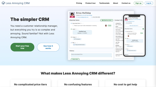 Screenshot of Less Annoying CRM home page.