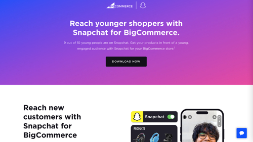 Captura de pantalla del sitio de BigCommerce que anuncia la asociación de Snapchat.