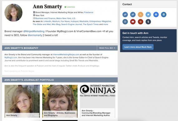 A screenshot of Ann Smarty's profile on Muck Rack.