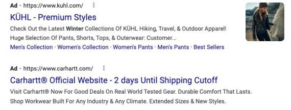 Screenshot of two Google ads — KÜHL and Carhartt. 