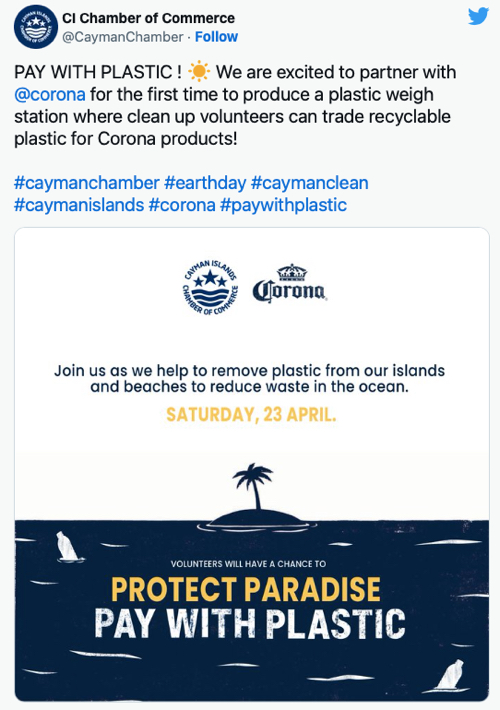Screenshot of a Corona tweet promoting #PayWithPlastic.