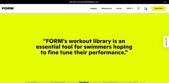 Screenshot of a paragraph from Form's home page, reading, "FORM's workout library is an essential tool for swimmerce hoping to fine tune their performance." 