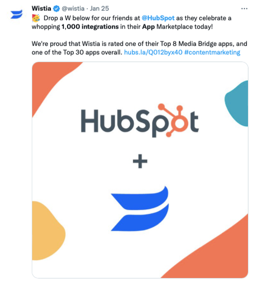 Image of a tweet by Wistia congratulating HubSpot on reaching 1,000 app integrations. 