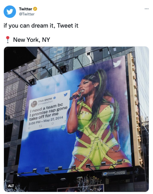 Image of a tweet by Twitter reading "if you can dream it, Tweet it," with a picture of singer Tina Snow.