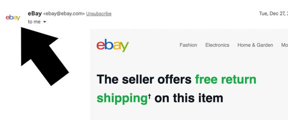 Screenshot of an email with two eBay logos - one in the body and the other next to the subject line.