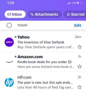 Screenshot of an email inbox on a smartphone with emails from Yahoo, Amazon and HP.