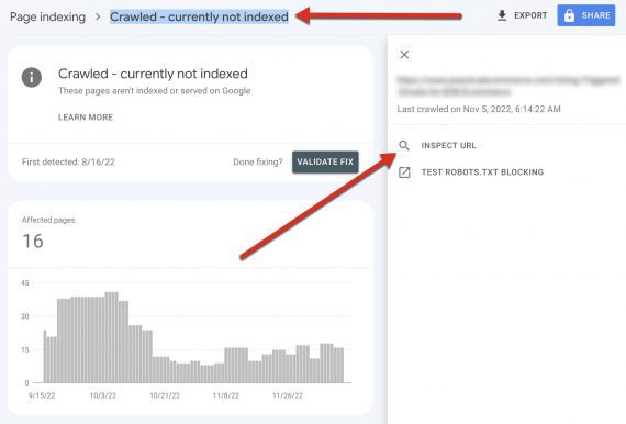 Screenshot of “Crawled - currently not indexed” report 