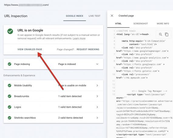 Screenshot of URL Inspection tool in Search Console.