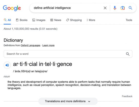 Screenshot of Google search result page displaying the full definition of "artificial intelligence."