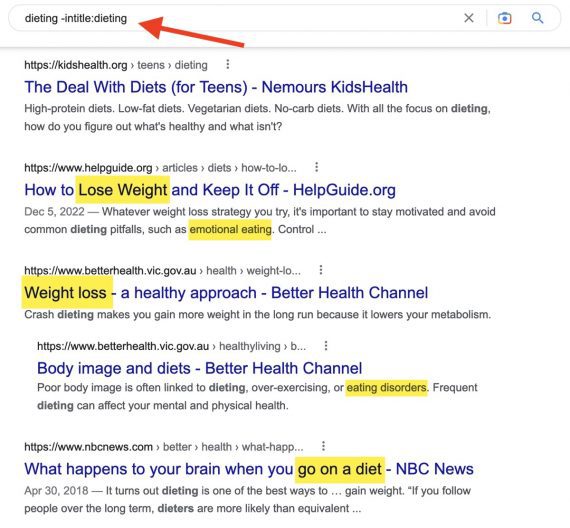 Une capture d'écran du titre de la recherche Google "suivre un régime"