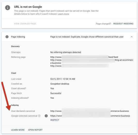Screenshot of a duplicate content report on Search Console
