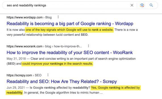 Screenshot of Google search results for "SEO and readability rankings" showing three articles on that topic