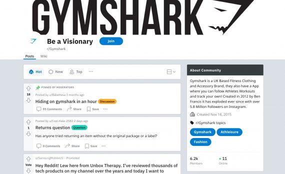 Screenshot of Gymshark's subreddit