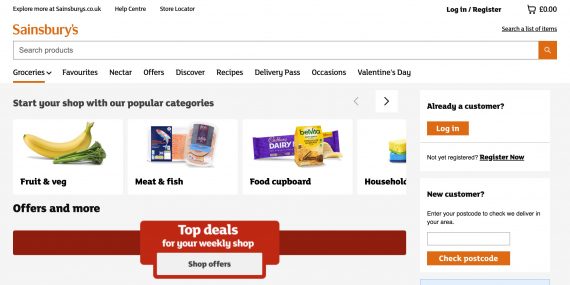 Capture d'écran de la page d'accueil de Sainsbury