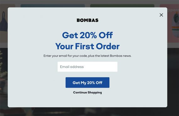 Screenshot of Bombas pop-up offering a 20% discount for new email subscribers.