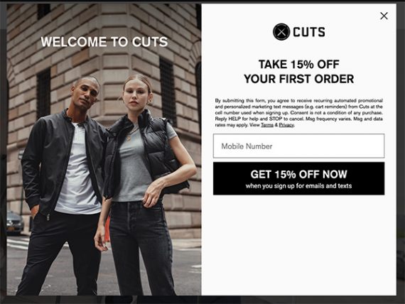 Screenshot of a Cuts pop-up soliciting a mobile phone number in exchange for a 15% discount.