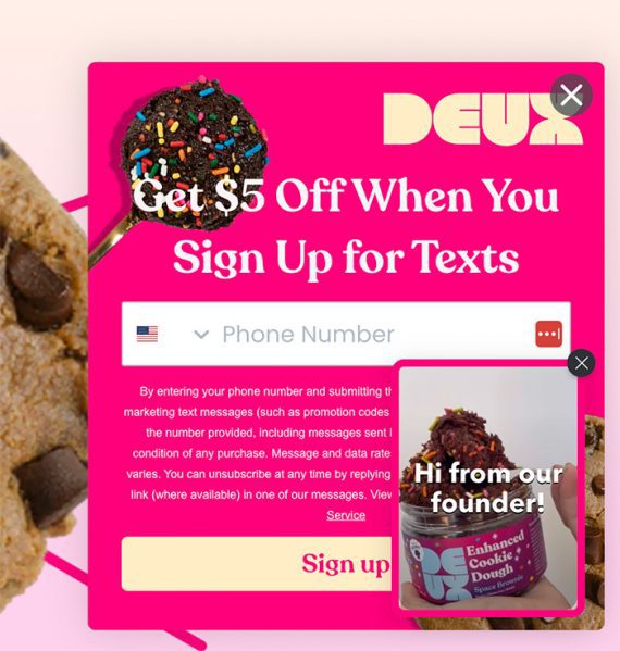 Image of the Deux pop-up screen asking for a mobile phone number.