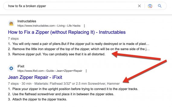 Screenshot of two HowTo rich snippets on desktop.