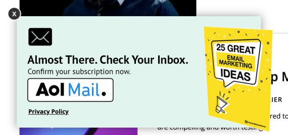 Practical Ecommerce signup box with the message "Almost There. Check Your Inbox" and showing the AOL Mail logo. 