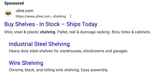 Screenshot of Uline's ad on Google search results